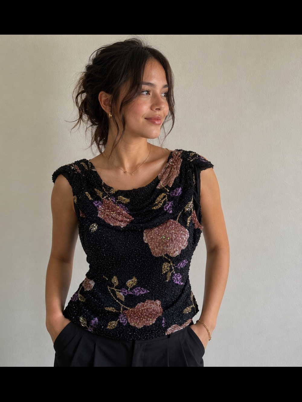 Embellished Black Floral Cowl Neck Camisole